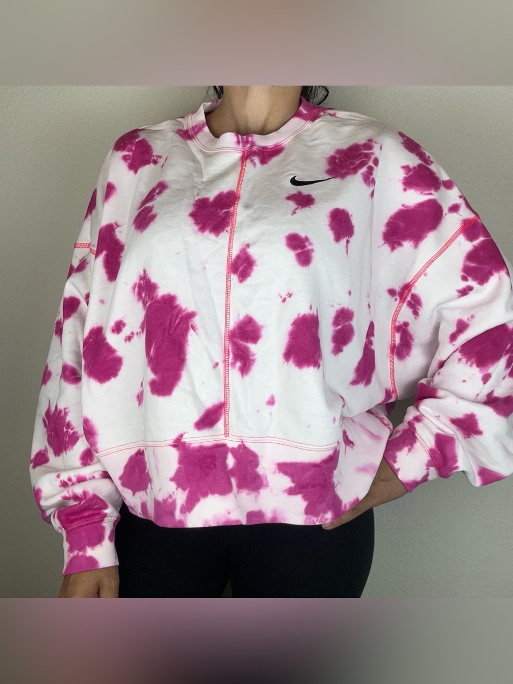 Nike Fleece Sweatshirt Womens S/M Pink White Tie Dye Oversized Crewneck
